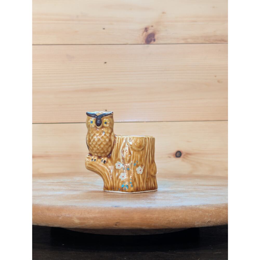 Vintage Lego Japan Ceramic Owl and Tree Stump Toothpick Holder - MCM Kitsch